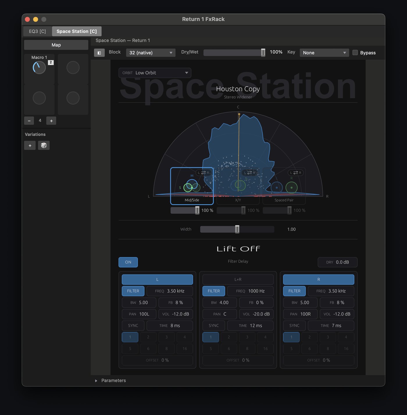 Space Station editor: the Houston Copy stereo widener with a polar scope over Mid/Side, X/Y and Spaced Pair pattern shares, and the Lift Off filter delay below.
